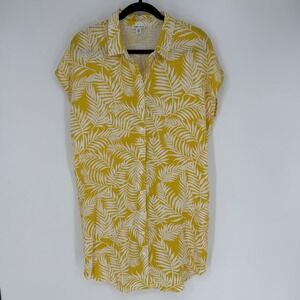 TRIBAL JEANS PALM LEAF PRINT SHIRT DRESS YELLOW SMALL LINEN BLEND COASTAL BEACH